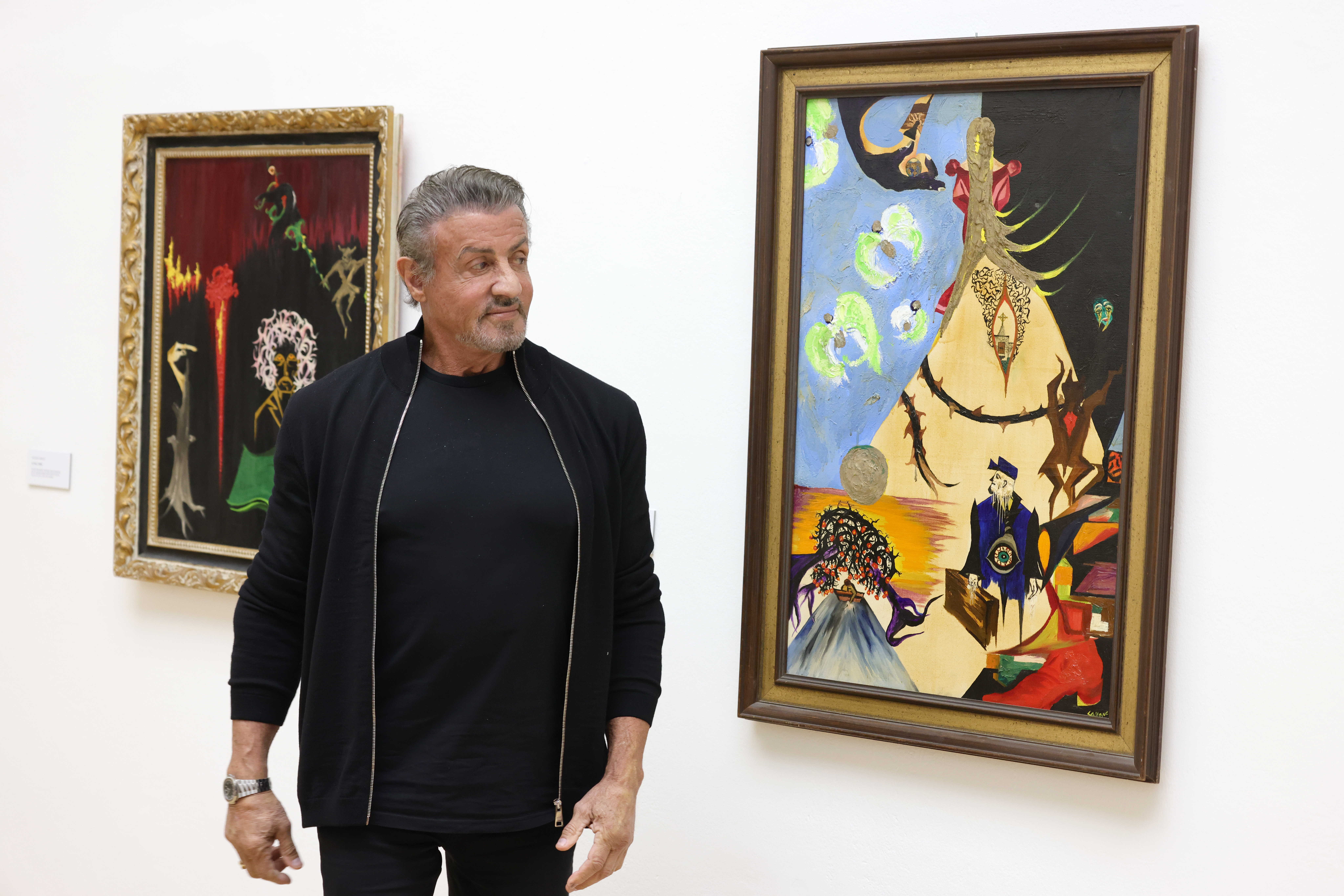 HAGEN, GERMANY - DECEMBER 03: Sylvester Stallone reviews his painting during the opening of the exhibition 