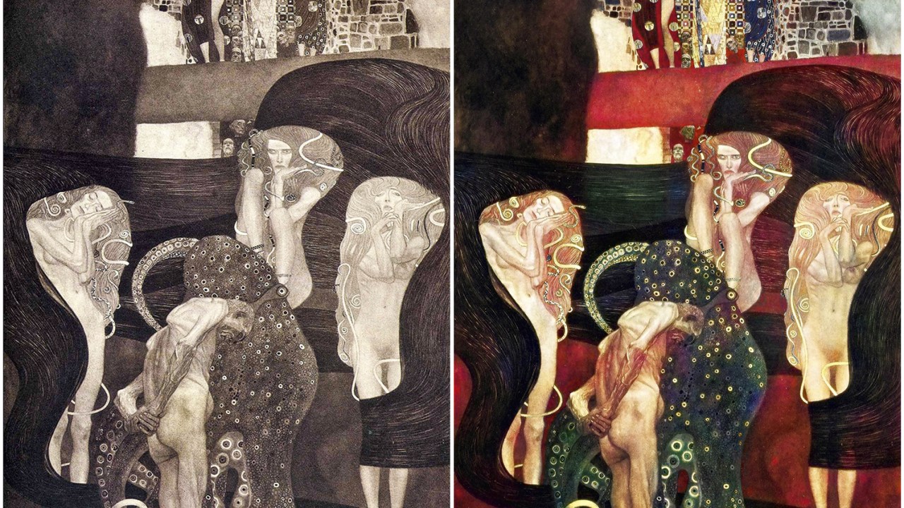 'JURISPRUDÊNCIA' - Klimt retratou o julgamento de um idoso, que aparece nu em torno de Erínias, deusa da vingança. Ele é segurado pelos tentáculos de um enorme polvo. Vermelho, azul e os dourados, marcas registradas do pintor, brotam na restauração -
