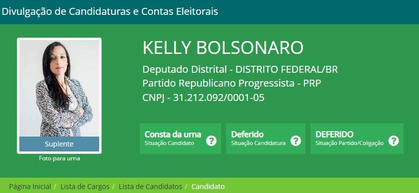 Registro da candidatura de Kelly Bolsonaro a deputada distrital em 2018 no site do TSE