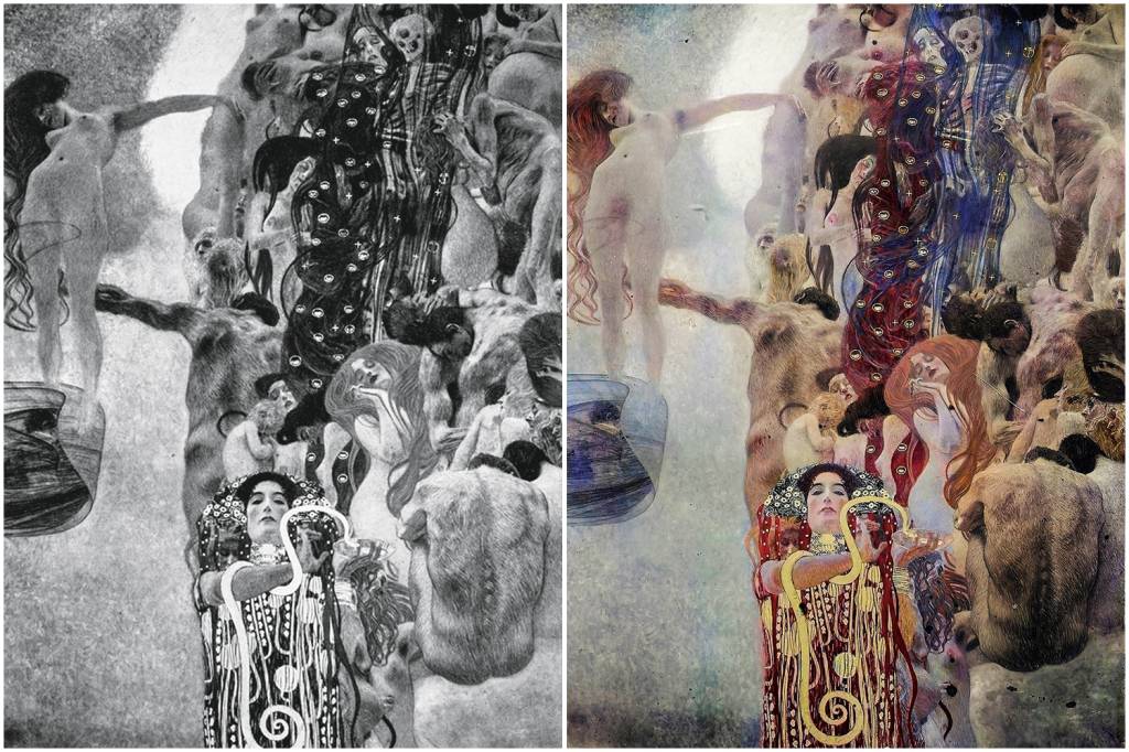 MEDICINE-ORIGINAL-KLIMT-1.jpeg 'MEDICINA' - O pintor escolheu uma composição assimétrica. Na metade direita, o fluxo da vida. Do outro lado, uma névoa de luz envolve uma mulher. Predominam os nus e, na versão digital, o dourado, o vermelho e o azul -