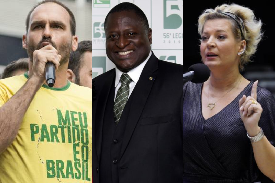 Os deputados federais Eduardo Bolsonaro (PSL-SP), Hélio Lopes (PSL-RJ) e Joice Hasselmann (PSL-SP)