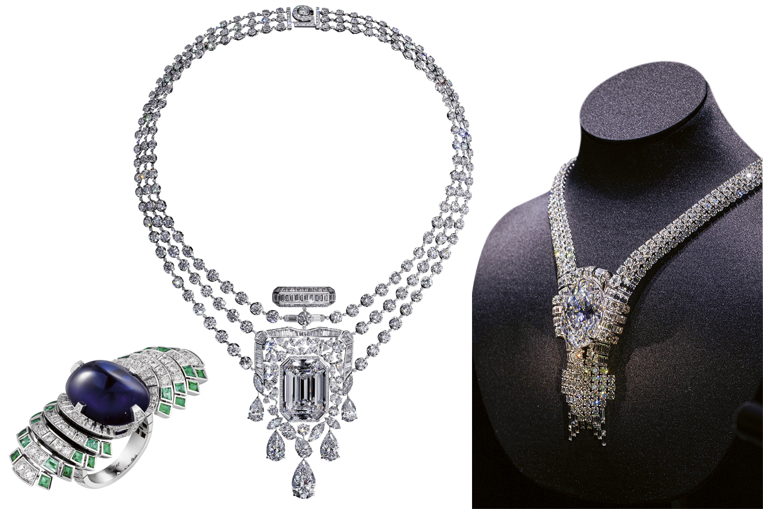 RECURSO EXTRA - Mãos e máquinas: o anel da Cartier (à esq.) e os colares da Chanel (acima) e da Tiffany (à dir.) foram confeccionados com a ajuda de aparelhos para garantir precisão nos cortes -