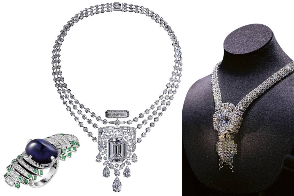 Tiffany_WorldFairNecklace3.jpeg RECURSO EXTRA - Mãos e máquinas: o anel da Cartier (à esq.) e os colares da Chanel (acima) e da Tiffany (à dir.) foram confeccionados com a ajuda de aparelhos para garantir precisão nos cortes -
