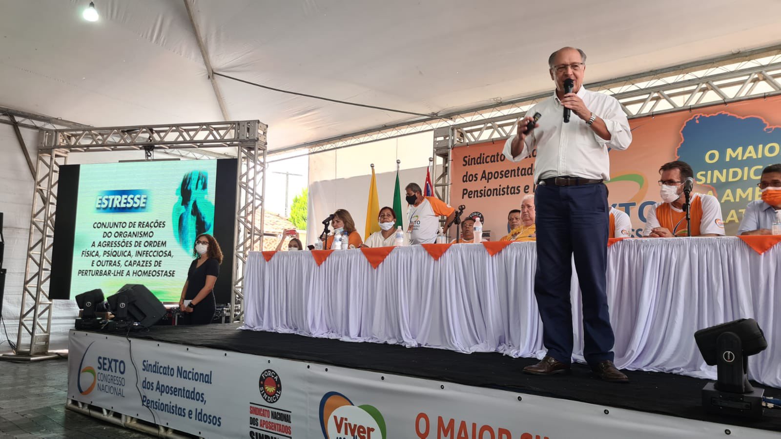 O ex-governador de São Paulo Geraldo Alckmin em evento do Sindicato dos Aposentados, da Força Sindical, em Mongaguá (SP)