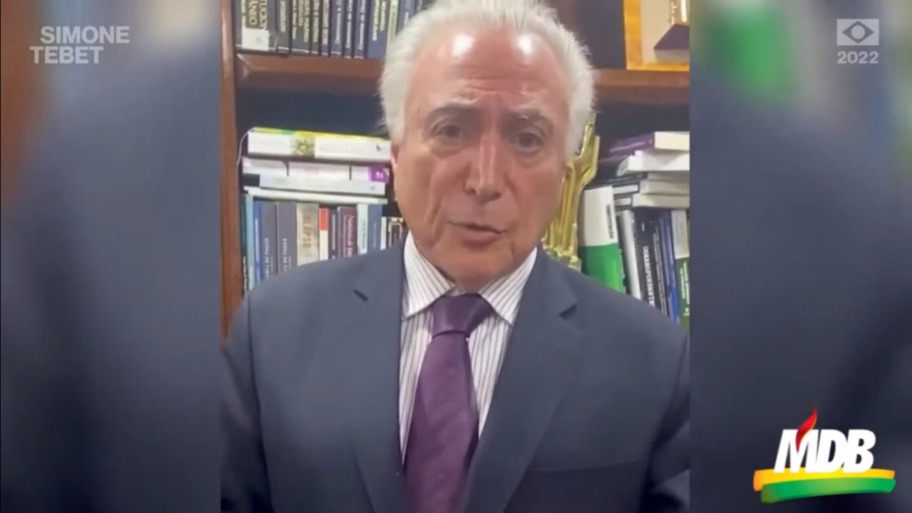 O ex-presidente Michel Temer, em vídeo gravado para o evento de lançamento da pré-candidatura da senadora Simone Tebet à Presidência da República pelo MDB