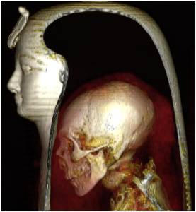 Imagem em 3D mostrando o corpo preservado de Amenhotep I dentro do sarcófago