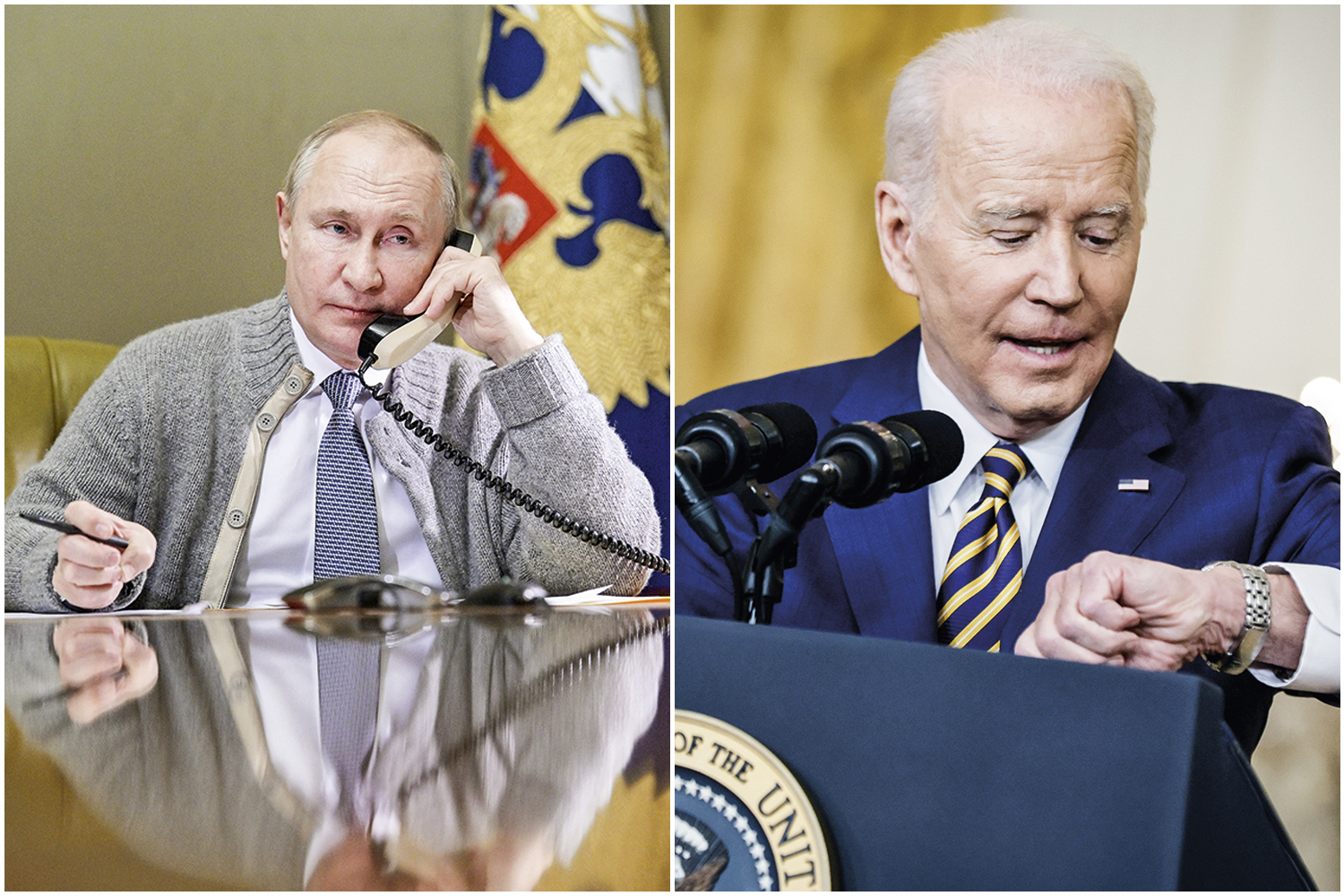 O DUELO DOS PODEROSOS - Putin (à esq.) versus Biden: o presidente americano acena com “sanções jamais vistas” e o russo chama de “histeria” -