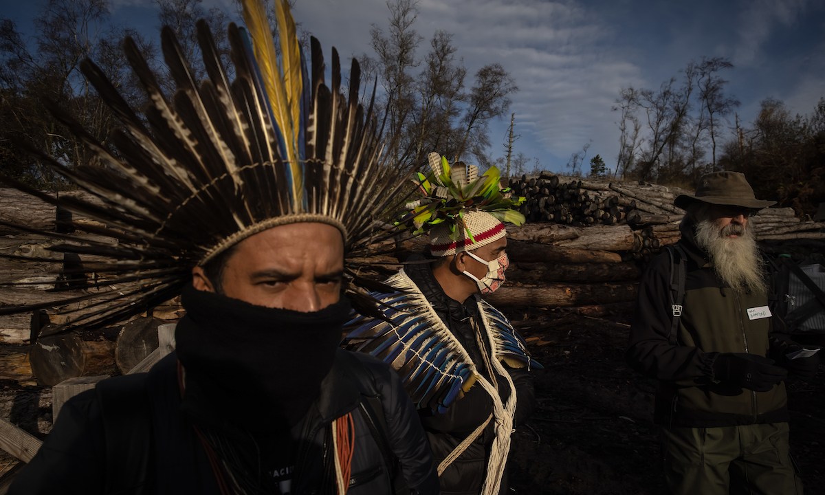 Indígenas brasileiros na comunidade florestal de Kilfinan, na Escócia, localizada na região de Argyll & Buke.