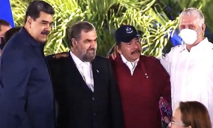 festa em Manágua: s partir da esquerda, Nicolás Maduro, ditador da Venezuela, Mohsen Rezai, vice-presidente do irã acusado de terrorismo em Buenos Aires, o ditador da Nicarágua Daniel Ortega, e o ditador cubano Miguel Diáz-Canel
