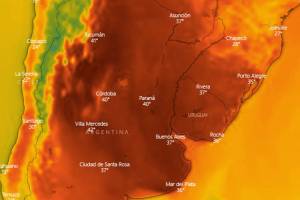 Mapa emitido pelo serviço de meteorologia da Argentina mostra a região mais afetada por onda de calor