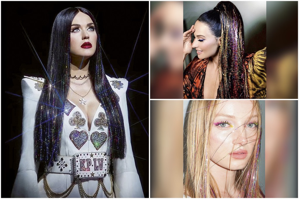 COMO SININHO - Katy Perry (à esq.), Kacey Musgraves (acima) e a modelo Ash Walker (à dir.) optaram pelo modelo tinsel hair, com entrelaçamento de enfeites: belo efeito visual visto de longe -