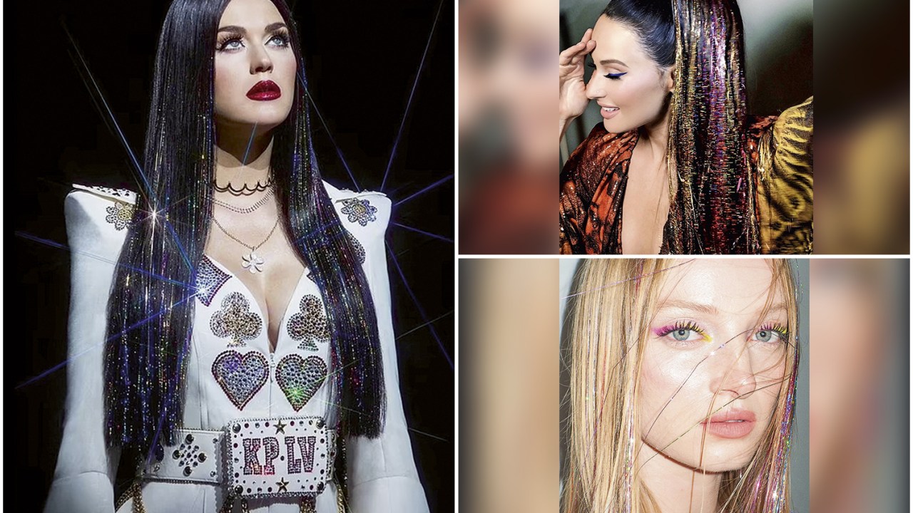 COMO SININHO - Katy Perry (à esq.), Kacey Musgraves (acima) e a modelo Ash Walker (à dir.) optaram pelo modelo tinsel hair, com entrelaçamento de enfeites: belo efeito visual visto de longe -
