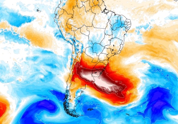 Imagem de satélite do serviço de meteorologia MetSul mostra onda de calor se deslocando pela América do Sul