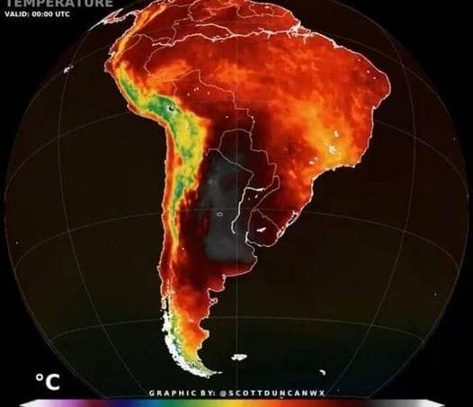 Mapa da América do Sul mostra fenômeno meteorológico extremo atingindo boa parte da Argentina, Uruguai e Sul do Brasil