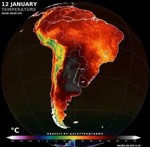 Mapa da América do Sul mostra fenômeno meteorológico extremo atingindo boa parte da Argentina, Uruguai e Sul do Brasil nesta quarta-feira (12)