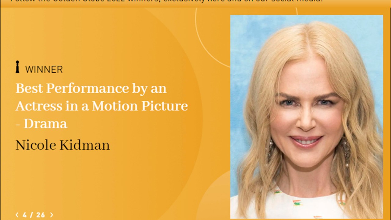 Nicole Kidman em anúncio de vencedores do Globo de Ouro 2022 -