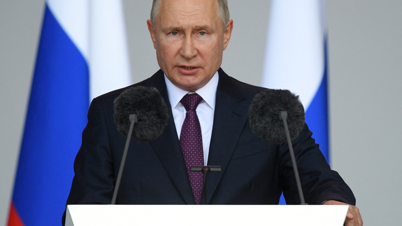 Presidente russo, Vladimir Putin, durante discurso em Moscou. 23/08/2021