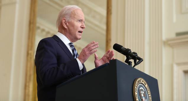 O presidente dos Estados Unidos, Joe Biden, discursa sobre a invasão da Ucrânia pela Rússia, Casa Branca, em Washington -