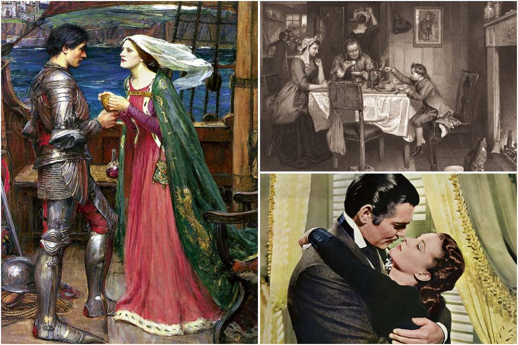 ADEUS, SUSPIROS - O auge do romantismo em Tristão e Isolda (à esq.), afeto no século XIX (ao alto, à dir.) e o amor de Hollywood: ideal fora de moda -
