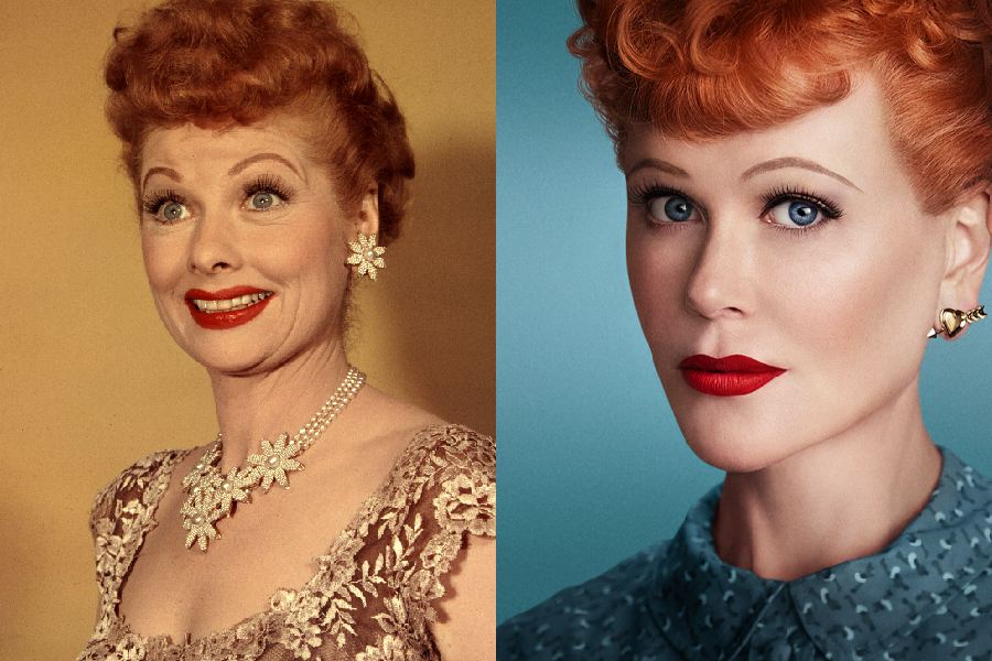 Lucille Ball em 1955 e Nicole Kidman em 'Being the Ricardos'