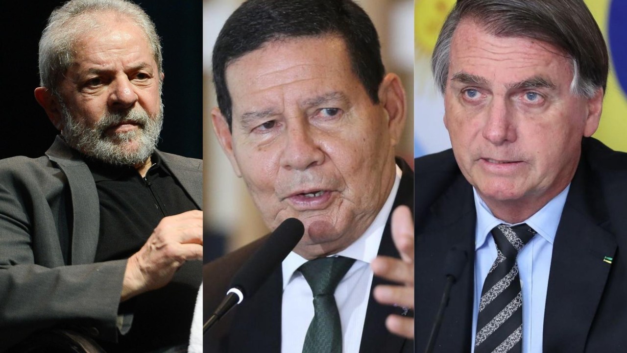 Montagem com fotos de Lula, Mourão e Bolsonaro