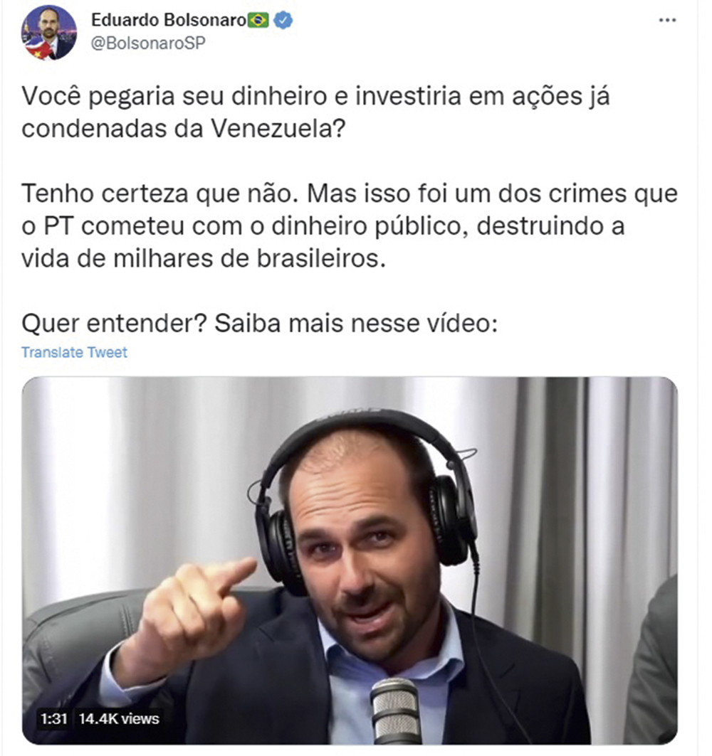 LIMITES - Eduardo Bolsonaro: conta temporariamente bloqueada por algoritmos -