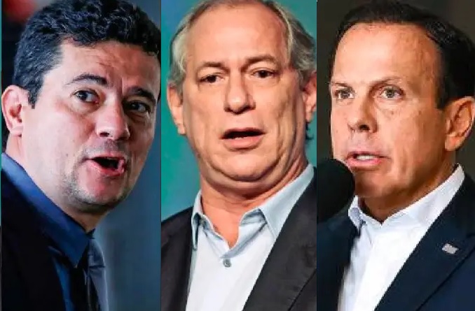 Os candidatos Sergio Moro (Podemos), Ciro Gomes (PDT) e João Doria (PSDB)