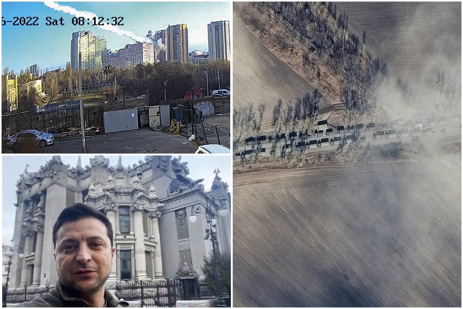 AÇÃO E REAÇÃO - Ataque a um edifício, veículos russos perto de Kiev e o presidente ucraniano Volodymyr Zelensky: disseminação de imagens como recurso tático -