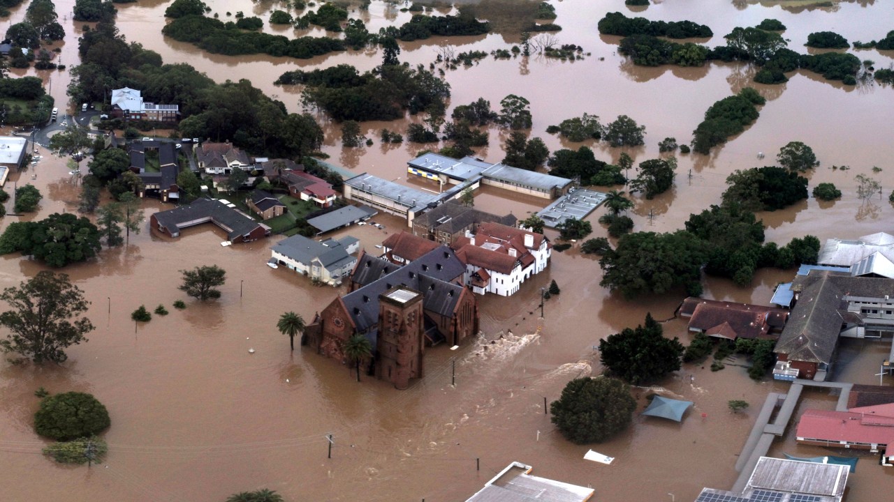 LISMORE, AUSTRALIA - FEBRUARY 28: (EDITORS NOTE: Image is a digital [panoramic] composite.) A general view of Lismore captured from the flood line at New Ballina Road at 18:30 on February 28, 2022 in Lismore, Australia. Over 15,000 are predicted to be flood-damaged after the Brisbane River peaked at 3.85 metres. (Photo by Andrew Sibley/Getty Images)