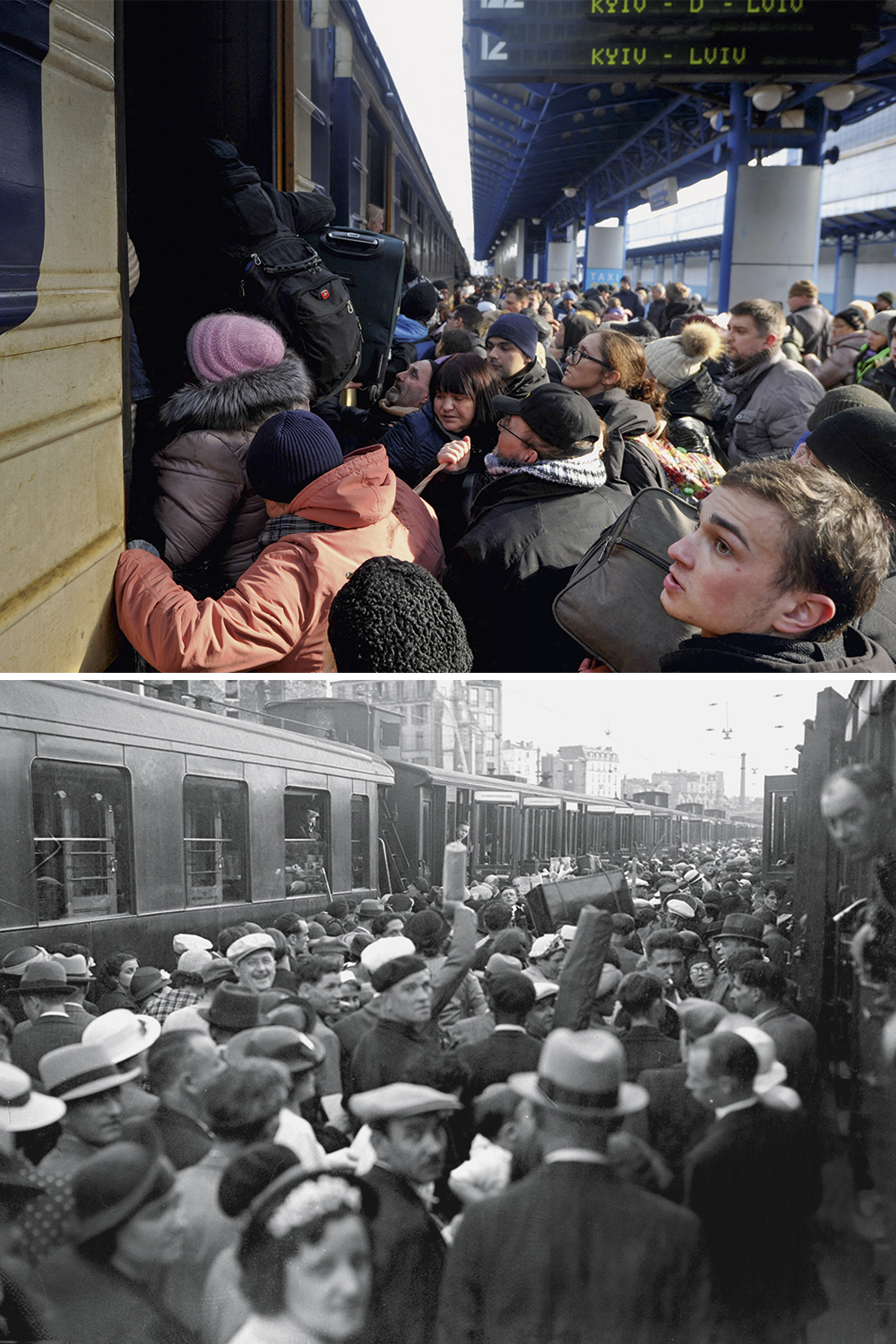 DESESPERO - Estação de trem em Kiev, em março de 2022, e a Gare Montparnasse, em Paris, em março de 1940: fugindo do Exército invasor -