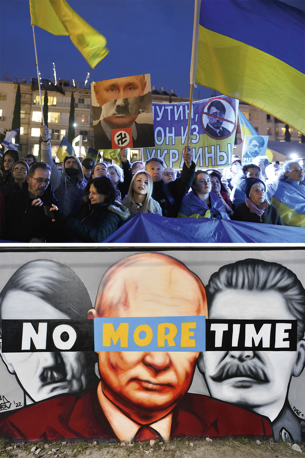 PROTESTOS-INVASAO-RUSSA-NA-UCRANIA.jpg FANTASMAS - Putin é comparado a Hitler e Stálin em protestos contra a guerra na Ucrânia: ameaça presente -