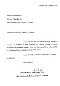 A carta com a renúncia do ministro A carta com a renúncia do ministro