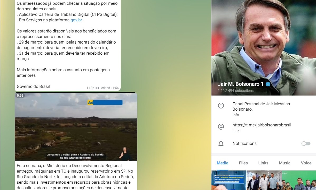 Canal do presidente Jair Bolsonaro no Telegram neste sábado (19/03/2022)