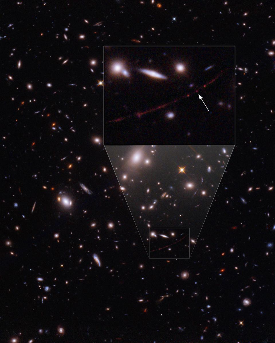 Luz da estrela Earendel foi captada pelo Hubble e demorou 12,9 bilhões de anos-luz para alcançar a Terra -