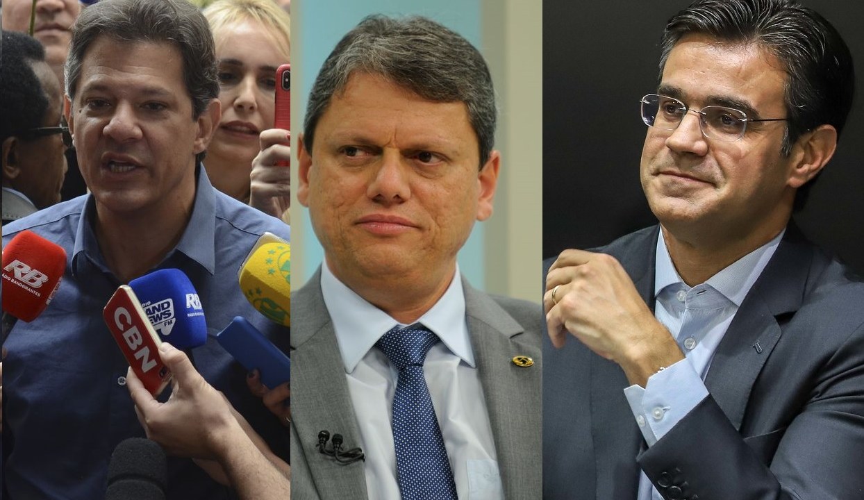 Os pré-candidatos ao governo de SP Fernando Haddad (e), Tarcísio Freitas (c) e Rodrigo Garcia (d)