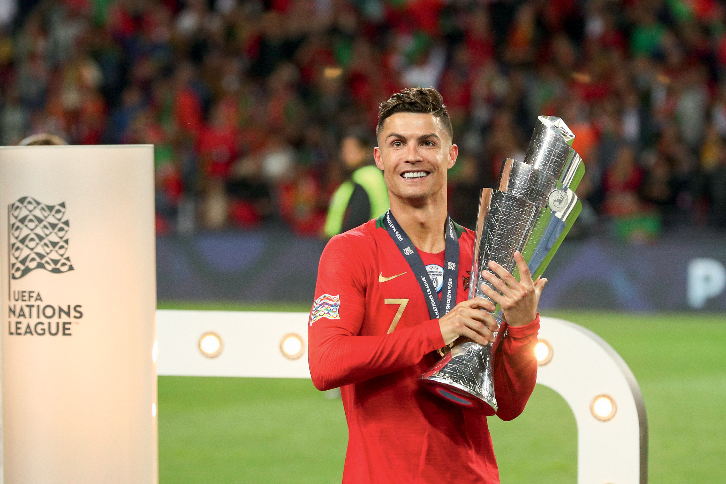 Cristiano Ronaldo forward of Portugal celebrates the victory of the trophy, UEFA Nations League Final match between Portugal and Netherlands at the Dragao stadium in Porto on June 9, 2019. (Photo by Paulo Oliveira / DPI / NurPhoto via Getty Images)