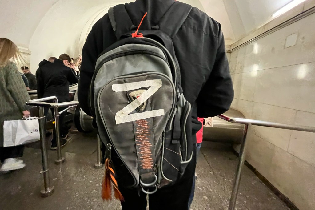 March 2022, Russia, Moskau: The letter Z on the backpack of a Moscow subway passenger. Photo: ---/dpa (Photo by ---/picture alliance via Getty Images)