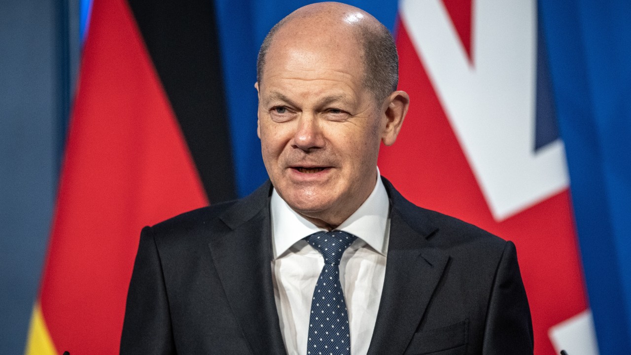 08 April 2022, Great Britain, London: German Chancellor Olaf Scholz (SPD), stands during a press conference after the talks. Scholz is on his inaugural visit to the United Kingdom. The bilateral talks focused on the Ukraine war and its consequences. Photo: Michael Kappeler/dpa (Photo by Michael Kappeler/picture alliance via Getty Images)