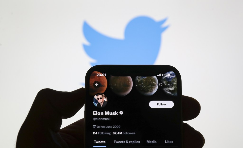 ANKARA, TURKIYE - APRIL 18: In this photo illustration Tesla and SpaceX CEO Elon Musk's twitter profile is displayed on a mobile phone screen in Ankara, Turkiye on April 18, 2022. Twitter announced it has accepted Elon Musk's offer to be purchased for $44 billion. (Photo by Celal Gunes/Anadolu Agency via Getty Images)