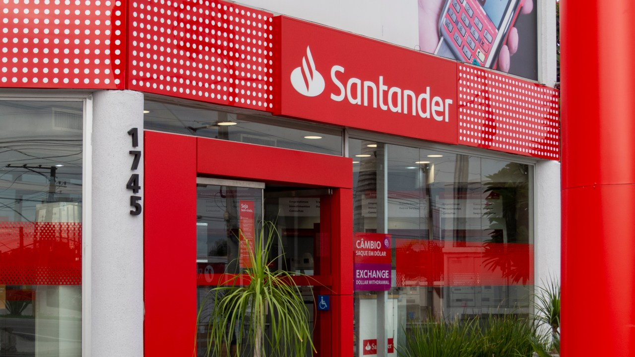 Sao Paulo, Brazil - November 21, 2020: Santander bank branch facade