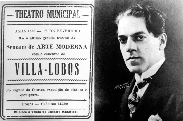 Cartaz do Teatro Municipal do Rio de Janeiro anunciando o evento "Semana de Arte Moderna", atração de Heitor Villa-Lobos, em 1922.