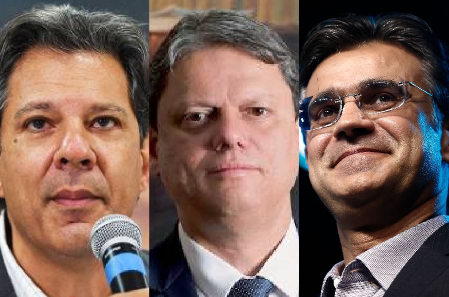 Os pré-candidatos ao governo de São Paulo Fernando Haddad (PT), Tarcísio de Freitas (Republicanos) e Rodrigo Garcia (PSDB)