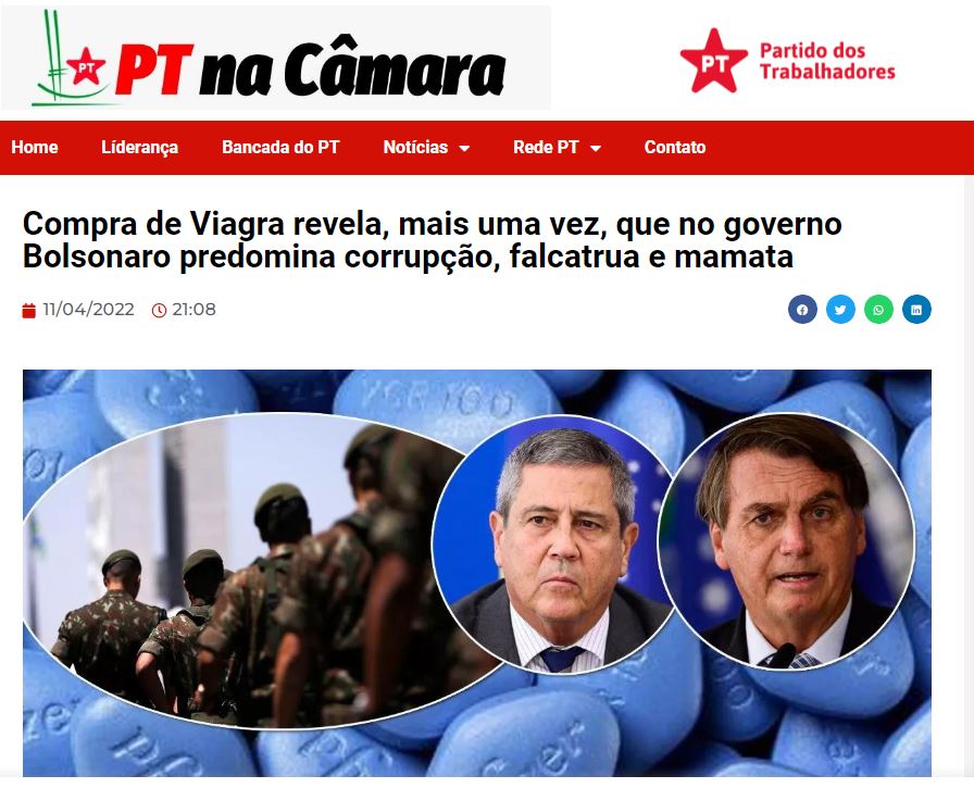 Portal da bancada do PT na Câmara já vincula escândalo da compra de viagra, filé mignon, salmão e picanha a Braga Netto e Bolsonaro