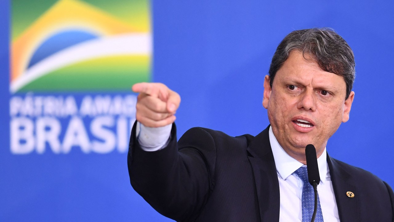 Brazilian Infrastructure Minister Tarcisio Freitas delivers a speech during the launch of the Gigantes do Asfalto Program, which aims to reduce bureaucracy for cargo trucking, at Planalto Palace in Brasilia, on May 18, 2021