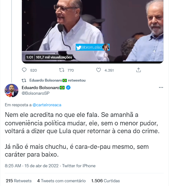 No Twitter, Eduardo Bolsonaro diz que Geraldo Alckmin, anunciado como vice de Lula, é 