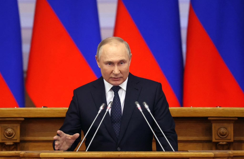 Russian President Vladimir Putin gives a speech at a meeting of advisory council of the Russian parliament in Saint Petersburg on April 27, 2022.Alexandr Demyanchuk / SPUTNIK / AFP