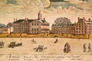 Vista da Universidade de Harvard em gravura de 1767 de Paul Revere