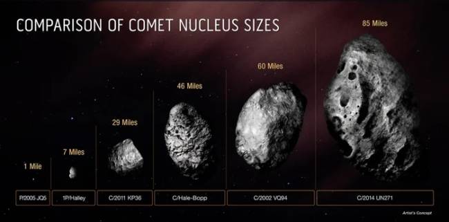 Imagem mostra comparação de tamanho entre o C/2014 UN271 e outros cometas mais conhecidos, como o Halley -