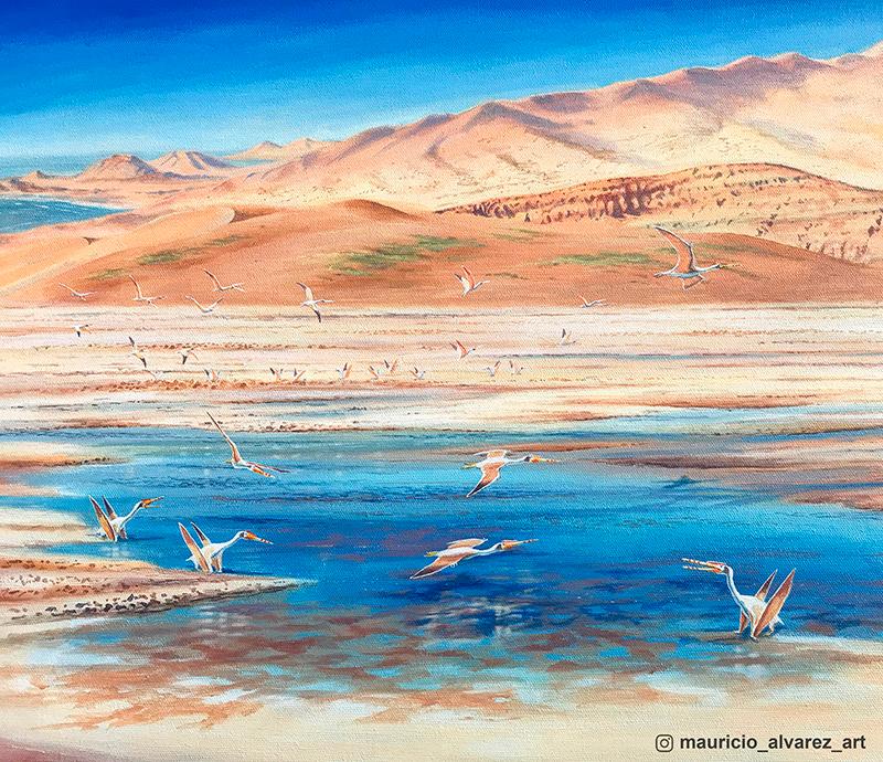 Representação gráfica do bando de pterossauros que habitava o norte do Chile há mais de 100 milhões de anos -