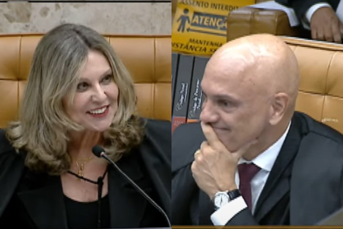 A vice-procuradora-geral da República, Lindôra Araújo, e o ministro Alexandre de Moraes, do STF, sorriem durante julgamento do deputado federal Daniel Silveira